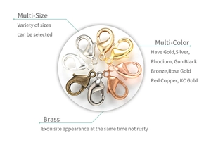 Macro view of multi-color gold-plated brass lobster clasps for DIY jewelry making