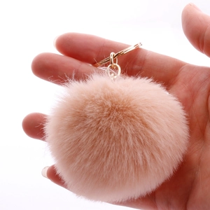 Pink faux rabbit fur keychain with gold ring, 7cm soft fluffy pom pom bag charm