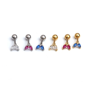 Set of six stainless steel stud earrings with marquise zircons in gold and silver