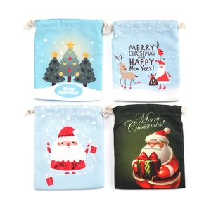 Set of 4 Christmas drawstring gift bags with Santa and reindeer patterns on white background