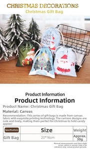 Detail of canvas Christmas drawstring gift bag with Santa and tree cartoon prints