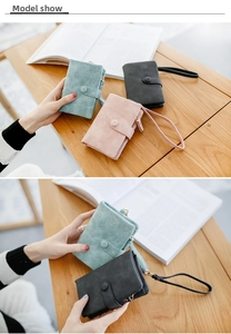 Three-fold frosted leather women wallets in mint, pink, and grey with hand straps