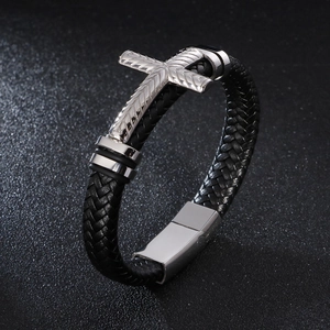 Men's braided leather bracelet with silver stainless steel cross charm and magnetic clasp