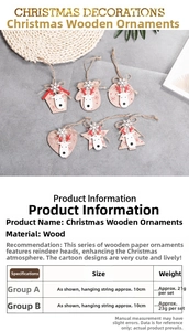 Detailed size chart for wooden Christmas ornaments including elk and tree pendants