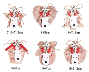 Detail view of 6 assorted wooden Christmas ornaments featuring reindeer and snowflake patterns