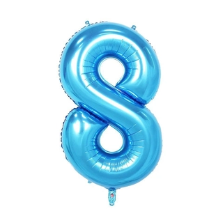 Macro detail of a 40-inch blue number 8 foil balloon with a shiny metallic finish