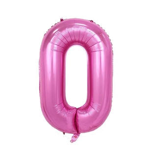 Macro shot of 40-inch pink number 0 foil balloon with metallic texture on white background