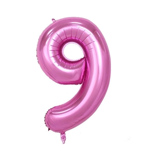 Detail of a metallic pink number 9 foil balloon for birthday and party decorations