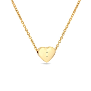 Close-up of gold heart pendant necklace featuring a black laser-engraved letter I