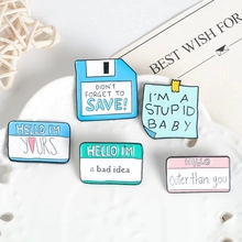 Detailed view of alloy enamel pins with retro floppy disk and sticky note designs