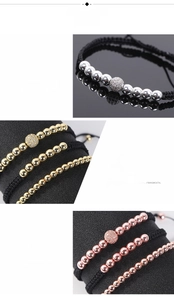 Macro shot of hand-woven adjustable cord bracelets with polished metal beads and CZ stones