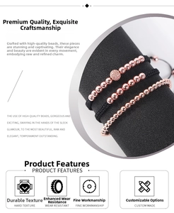 Detailed set of three rose gold beaded bracelets with zircon accents and black woven cord
