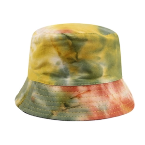 Detail of multi-color tie-dye bucket hat showing reinforced stitching and cotton texture