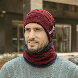 Winter knitted hat and neck warmer set with warm fleece lining in red and navy plaid