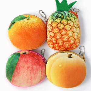 Plush fruit coin purses set including orange pineapple peach and pear with metal chains