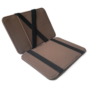 Minimalist coffee brown PU leather magic wallet featuring cross elastic bands for card storage
