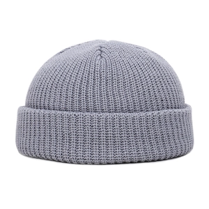 Classic grey ribbed knit docker hat with a minimalist cuffed brim on white background