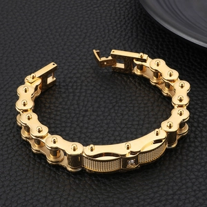 Polished gold stainless steel motorcycle chain bracelet with cubic zirconia inlay for men