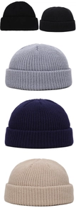 Vertical collage showing detailed ribbed texture of knit beanies in four neutral colors