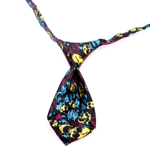 Detail of pet Halloween necktie with colorful skull prints on black fabric background