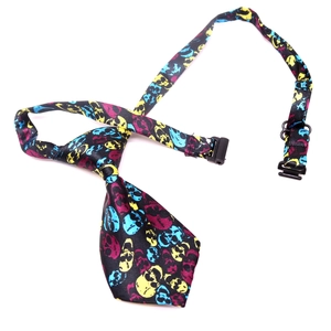 Detail of Halloween pet necktie with colorful skulls and adjustable plastic buckle