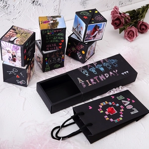 Creative DIY popping explosion gift box set with photo cubes and festive black paper bag