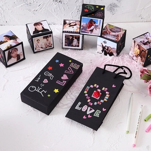 DIY exploding photo gift box set with black pop-up cubes and heart love patterns