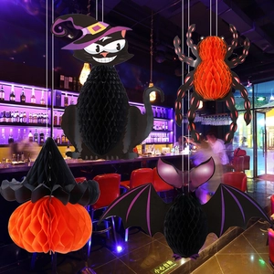 Halloween-Waben-Dekorationen mit hängender Fledermaus, Kürbis, Spinne und schwarzen Katzen