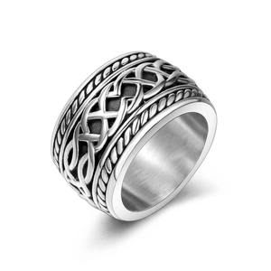 Vintage titanium steel ring for men featuring Nordic Celtic knot patterns and silver black finish