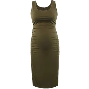 Slim fit sleeveless army green maternity dress with side ruching and round neck design