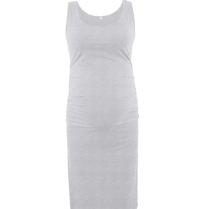 Light gray sleeveless maternity dress in ribbed knit cotton with ruched side details