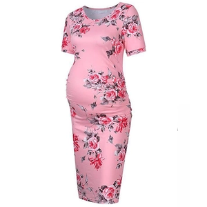 Pink floral maternity dress with short sleeves and round neck in a slim midi fit
