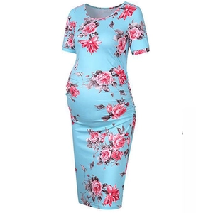 Short sleeve light blue floral maternity dress with side ruching and round neck style