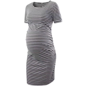 Short sleeve gray and white striped maternity dress with side ruching for pregnancy
