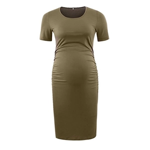 Short sleeve round neck ruched maternity bodycon dress in olive green color