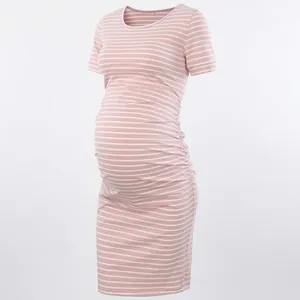 Maternity Dress Striped Short Sleeve Ruched Side Crew Neck Cotton Blend Slim Fit Pregnancy Bodycon Casual Dress