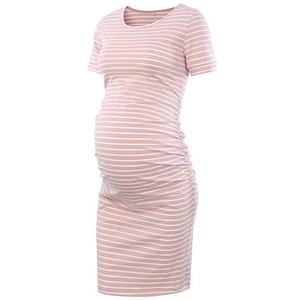 Pink and white striped short sleeve maternity dress with ruched sides and round neck