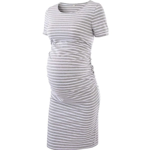 Short sleeve maternity dress with grey and white stripes featuring side ruching design
