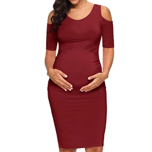 Slim fit cold-shoulder maternity pencil dress in burgundy with a crew neck and knee-length