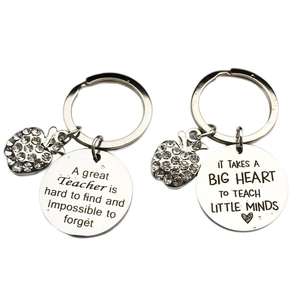 Teacher appreciation gift keychain with silver apple charm and engraved heart quote