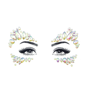 Detailed view of AB resin crystal face jewels for eyes with luminous iridescent teardrop gems