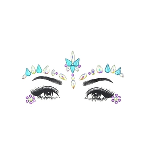 Detailed view of luminous teardrop face jewels with blue and purple crystal gems