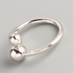 Minimalist S925 sterling silver open ring featuring a double bead design and hallmark
