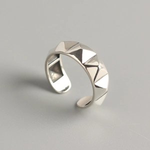 Minimalist Rivet Geometric Pyramid Open Ring 925 Sterling Silver Vintage Adjustable Punk Style Jewelry For Men Women