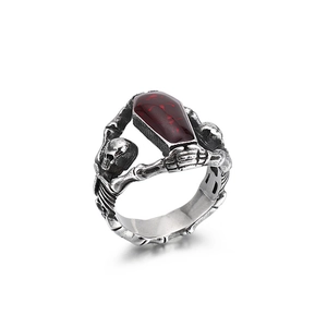 Gothic punk stainless steel coffin ring with red resin inlay and skull bone design