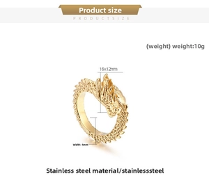 Detailed view of vintage gold dragon ring in stainless steel with exact measurements