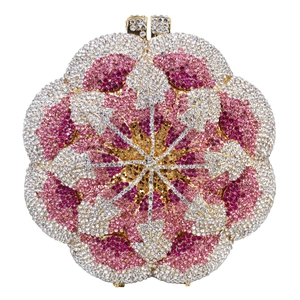 Spherical rose shaped crystal clutch bag with pink gold and white rhinestones