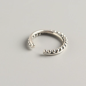 Retro S925 sterling silver beaded open ring with adjustable minimalist cross design