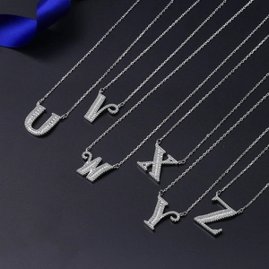 Silver alphabet letter necklace U-Z set with shiny baguette and round cubic zirconia