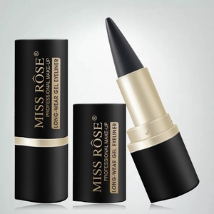 Miss Rose long-wear black gel eyeliner with gold accents on professional grey background